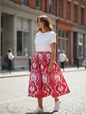 Beyond by Vera Red & Pink Printed Midi Skirt | Size L | Statement Summer Skirt